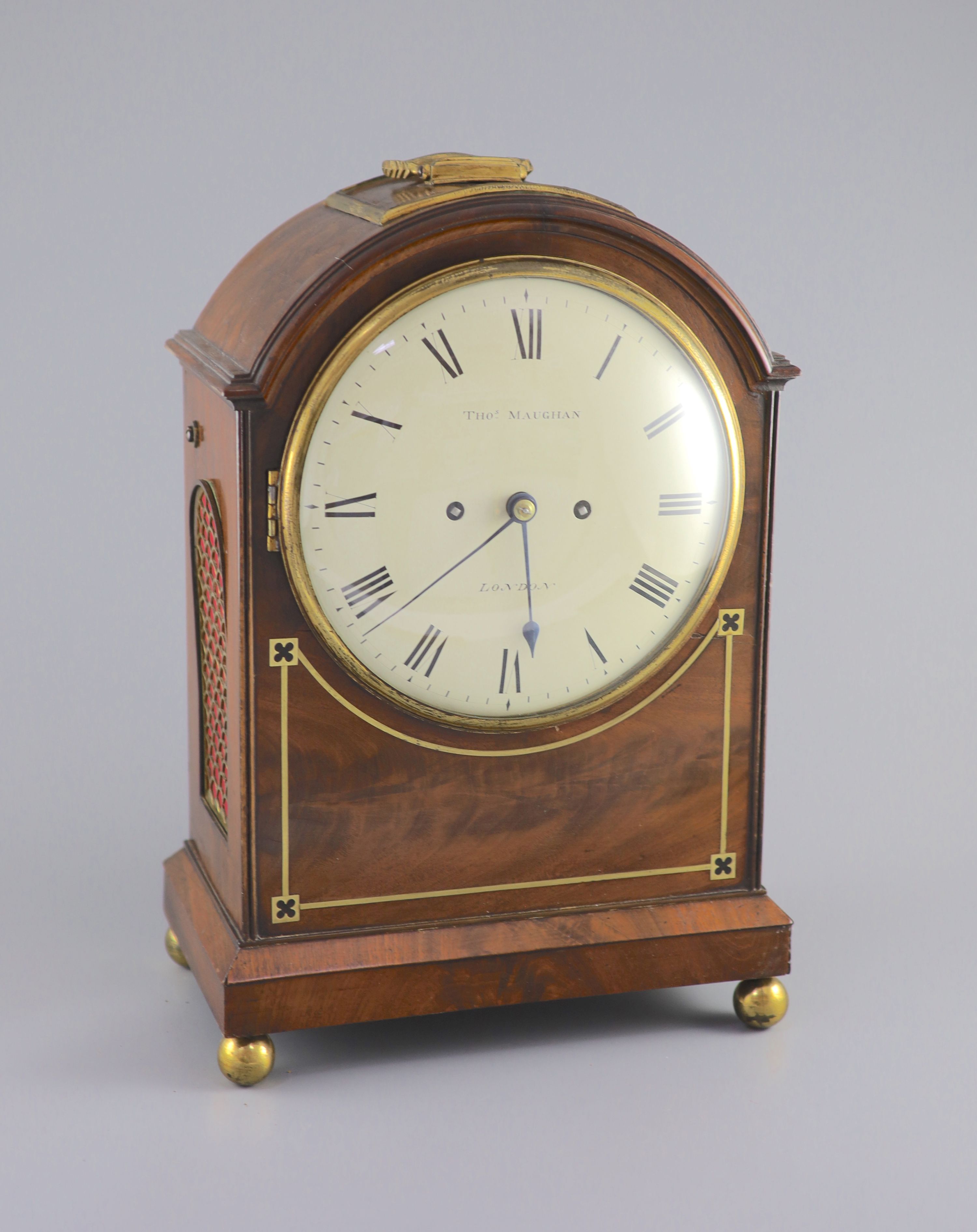 A Regency mahogany cased twin fusee bracket clock, Thomas Maughan, London, 42cm high.